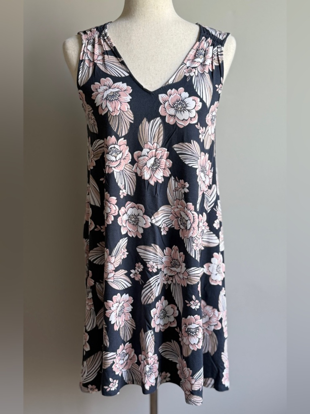 LOFT Sleeveless V-Neck Navy Swing Dress with Soft Pink and White Floral Print
